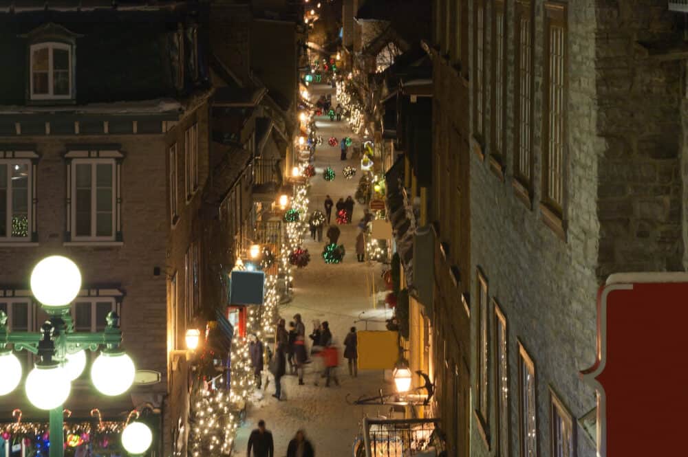 Street of Quebec Old city in night winter time