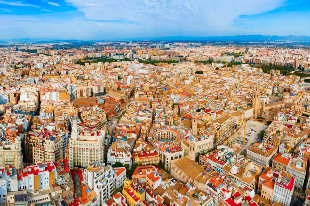 Valencia City Hall at the Plaza del Ajuntament square aerial panoramic view. Valencia is the third most populated municipality in Spain.