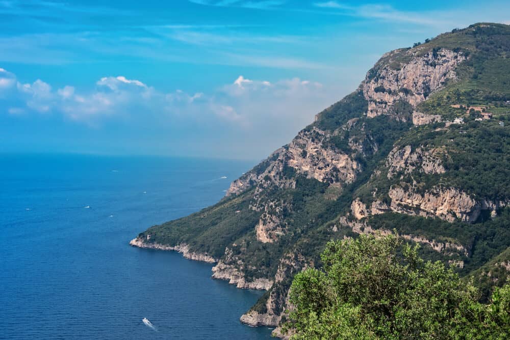 Rugged cliffs of the Lattari Mountains make the Amalfi coastline in southern Italy.