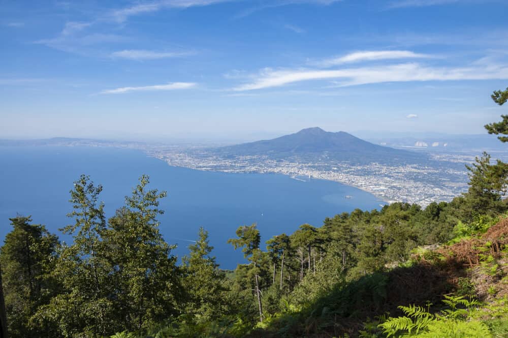 View from Monte Faito to the coast of Torre Annunziata and Castellammare di Stabia and Mount Vesuvius, Italy