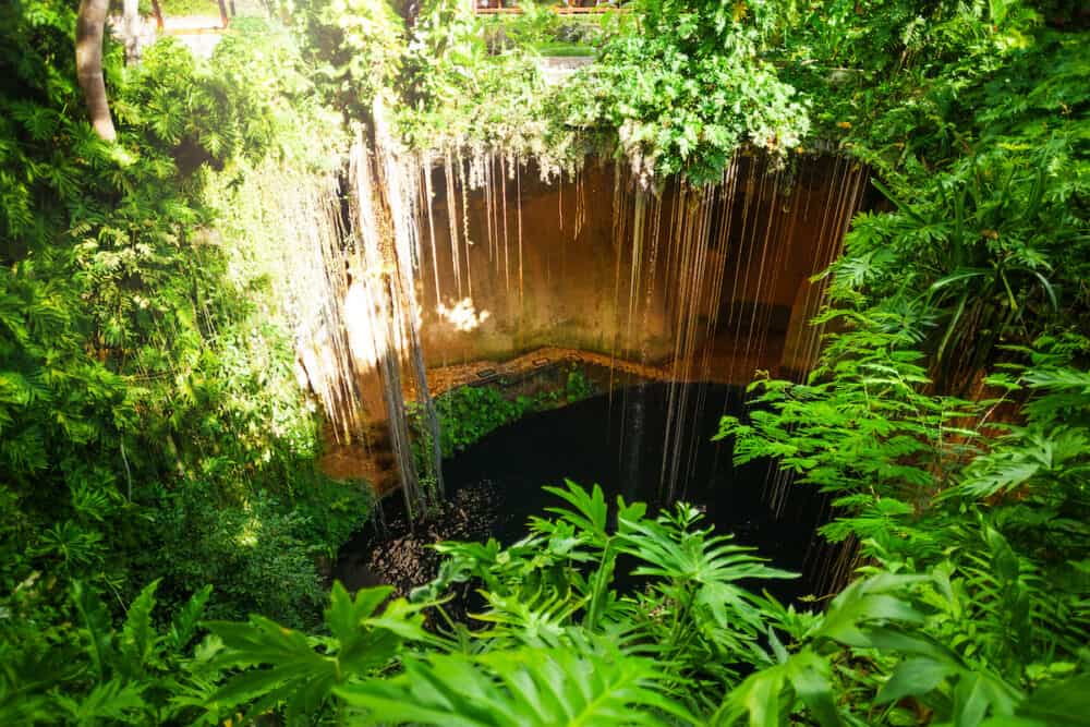 Mysterious Ik-Kil cenote with hanging roots near Chichen Itza in Mexico