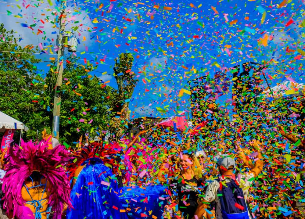 Grand Cayman, Cayman Islands, release of confetti over the carnival goers