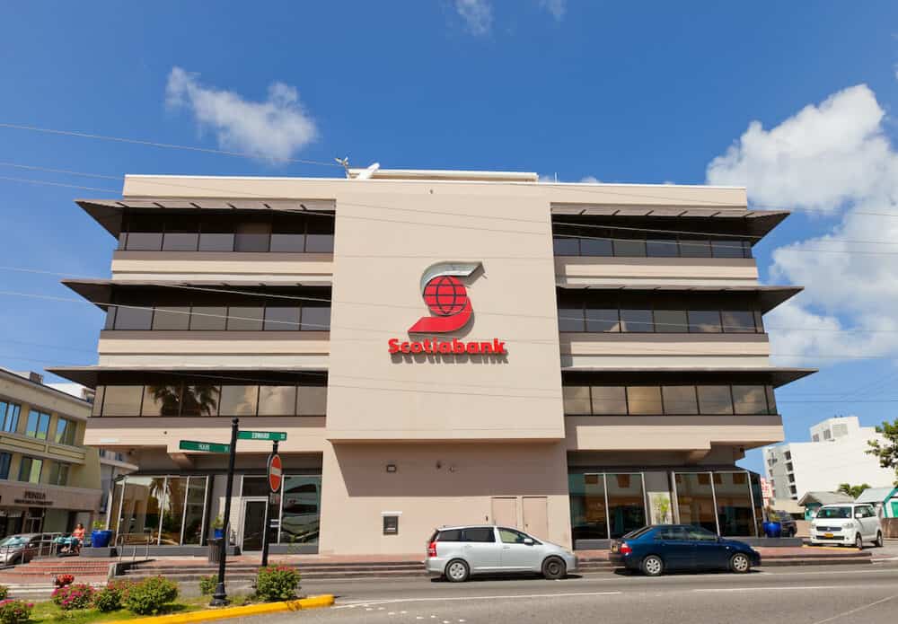 GEORGE TOWN CAYMAN ISLANDS - Office of Scotiabank in George Town of Grand Cayman. Scotiabank is the third largest bank in Canada by deposits and market capitalization