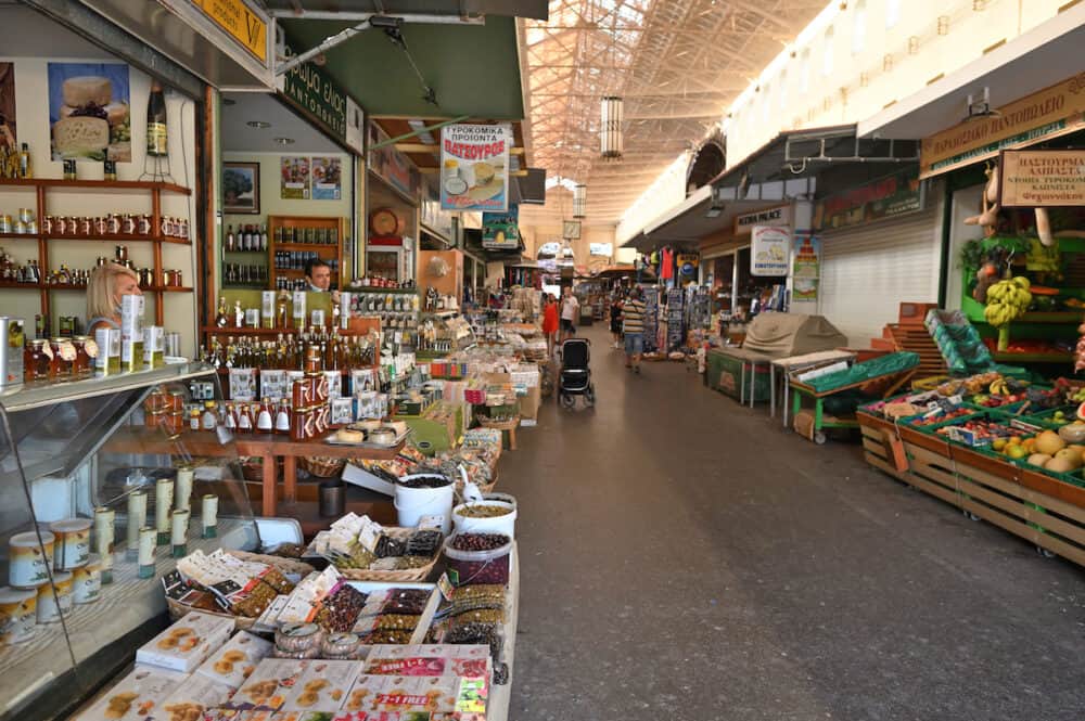 Chania, Greece - Interior of main market in Chania, Crete, Greece. The cross-shaped market (Agora) of Chania was built in 1911-1913.