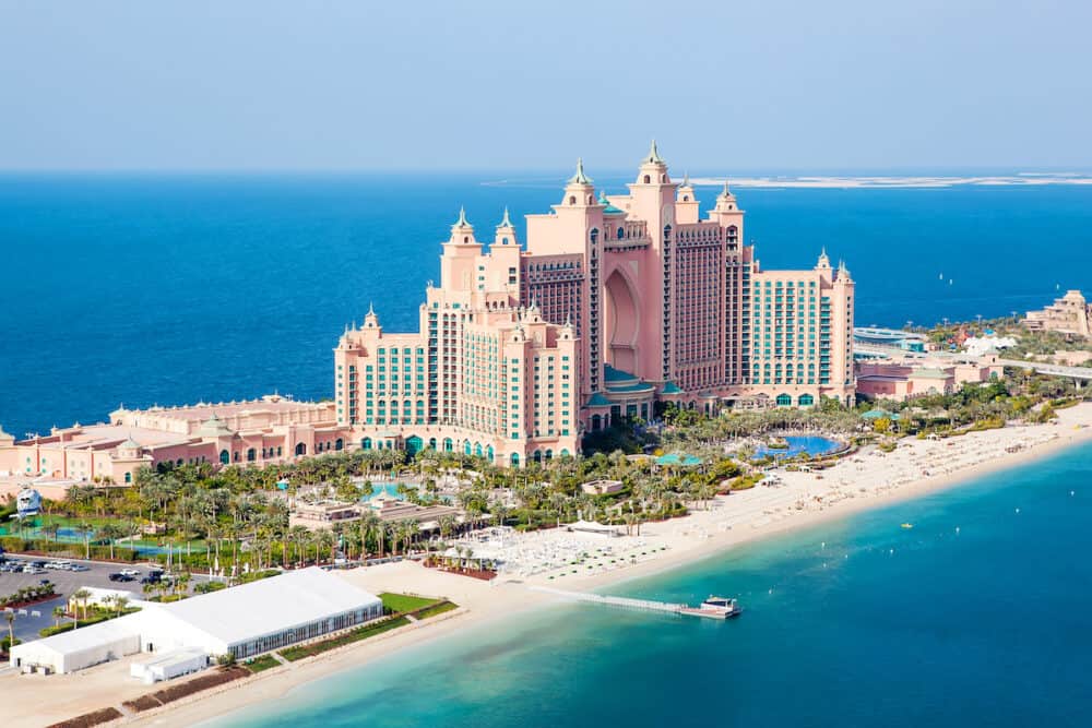 in Dubai UAE. Atlantis the Palm is a luxury 5 star hotel built on an artificial island. From helicopter view from above.