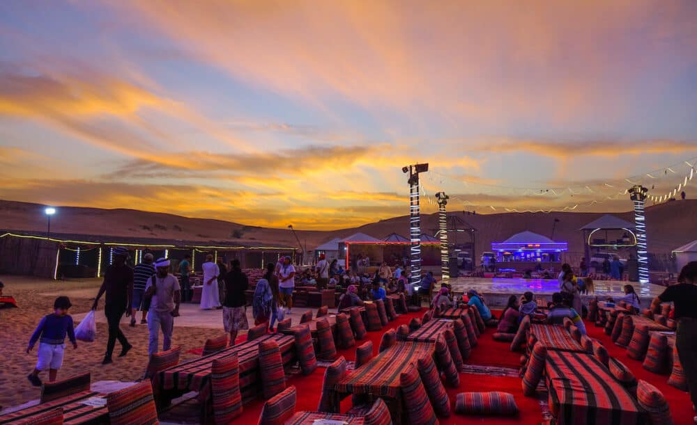 Bedouin camp on the Dubai desert at sunset. Camping is one of the attractive nightlife in Dubai.