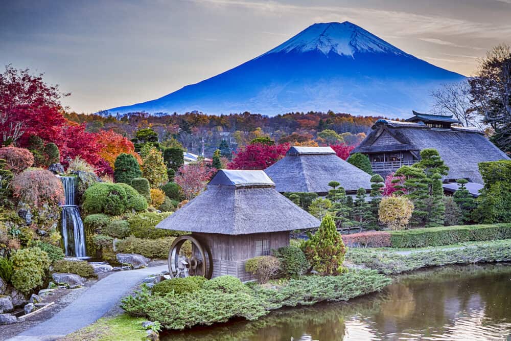 Japan Destinations. Great Fuji Mountin With Chureito Pagoda During Fall Season with Red  maple Trees in Fujiyoshida, Japan.Horizontal Shot