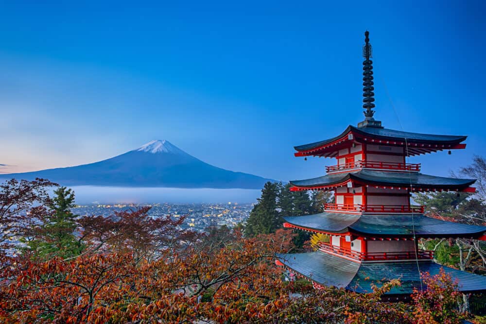 Japan Destinations. Great Fuji Mountin With Chureito Pagoda During Fall Season with Red  maple Trees in Fujiyoshida, Japan.Horizontal Shot