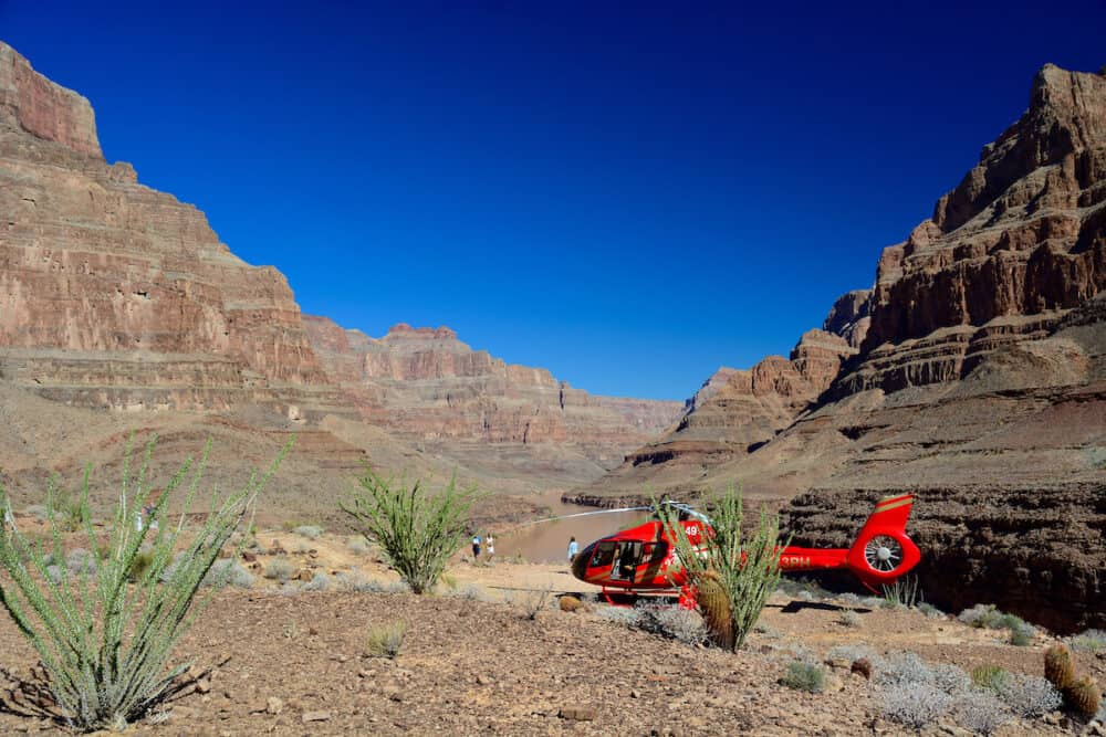 Grand Canyon, USA - A look at red helicopters in the majestic Grand Canyon