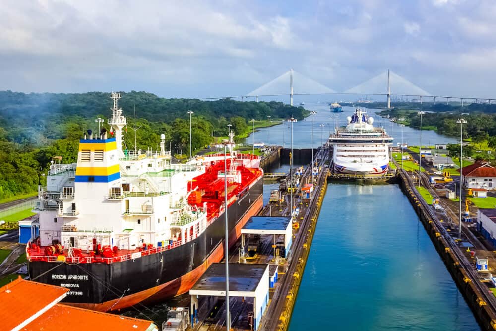 Panama Canal, Panama -  A cargo ship entering the Miraflores Locks in the Panama Canal, in Panama