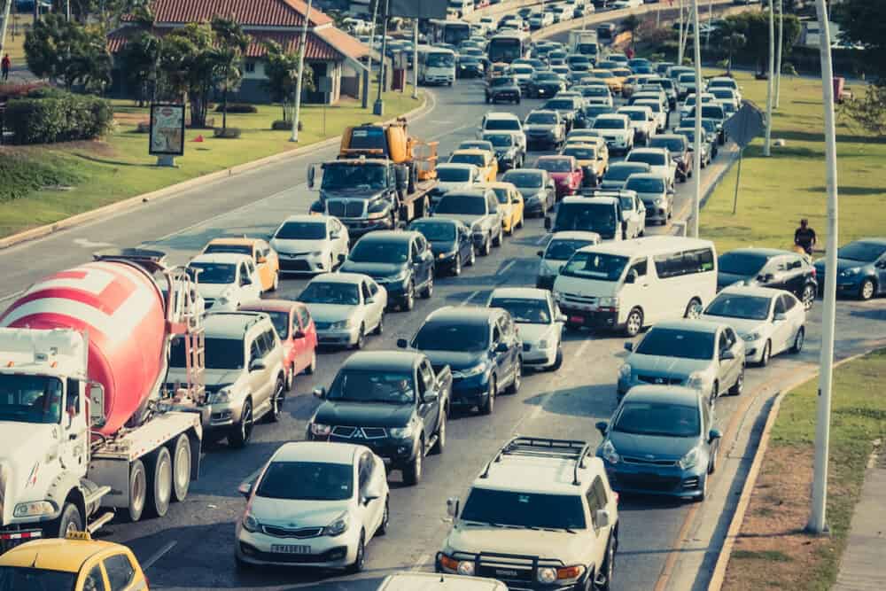 Panama City, Panama - Traffic jam with many cars on busy highway (Avenida Balboa) in Panama City