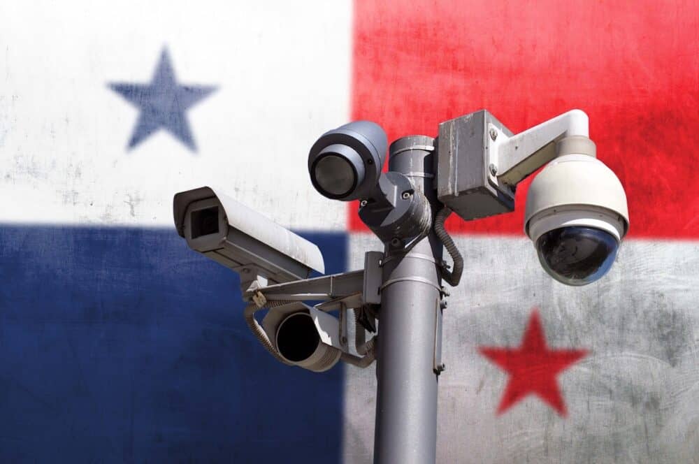 Closed circuit camera Multi-angle CCTV system against the background of the national flag of Panama. Total control.