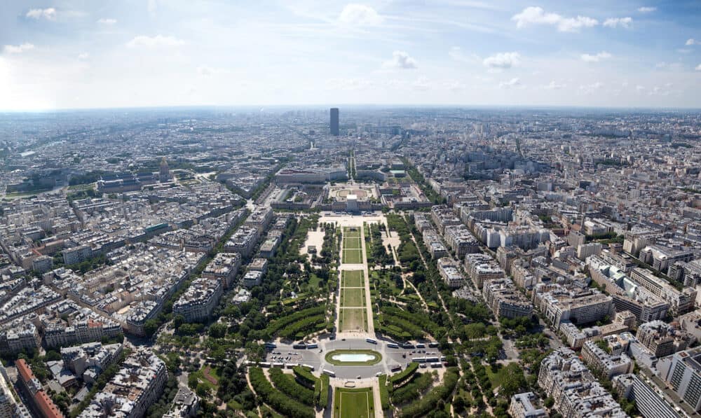 Panoramic aerial view of Champ de Mars, Grand Palais Ephemere and Montparnasse Tower, taken from The Eiffel Tower.
