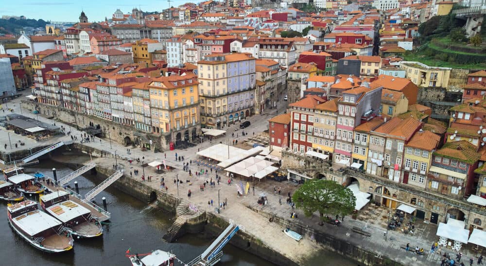 Aerial view of the old city of Porto. Portugal old town ribeira aerial promenade view with colorful houses.