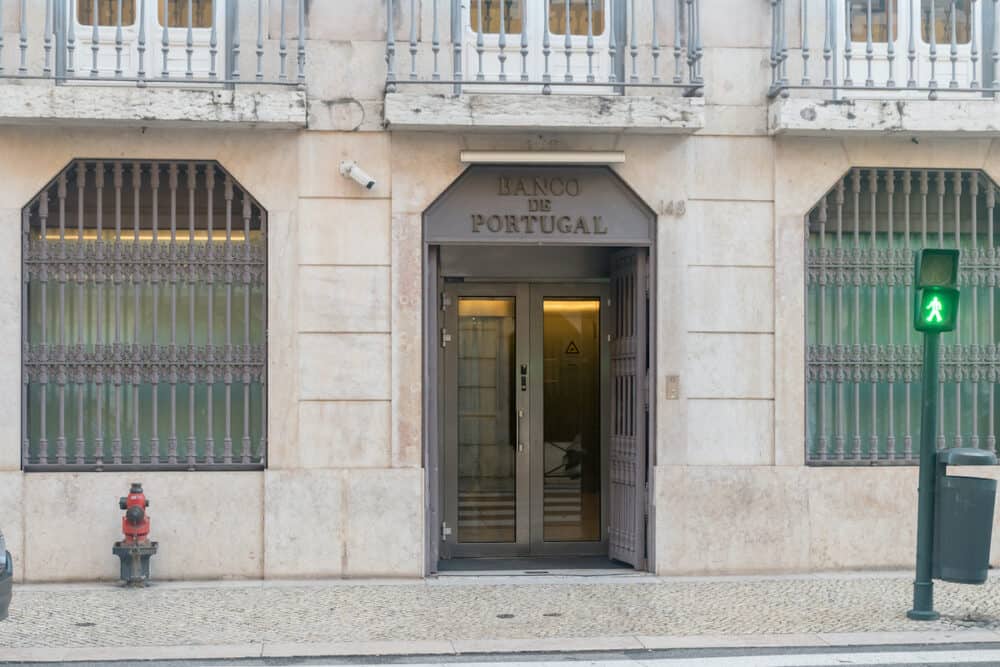 Entrance to Bank of Portugal (Banco de Portugal). Central bank of the Portuguese Republic.