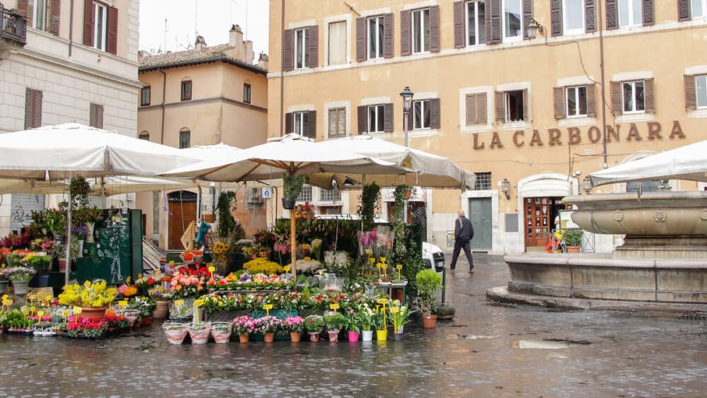 Campo de Fiori, meaning field of flowers, is one of the main and lively squares of Rome