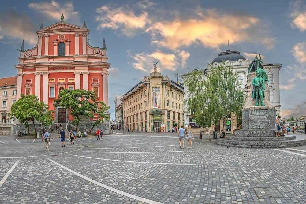 LJUBLJANA, SLOVENIA -  Preeren Square, the central square in Ljubljana, the capital of Slovenia with Franciscan Church of the Annunciation and statue of Poet France Preeren.