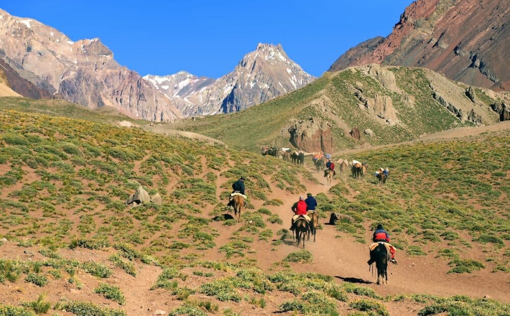 Panoramic view of a group of hikers trekking in the Andes Argentina South America