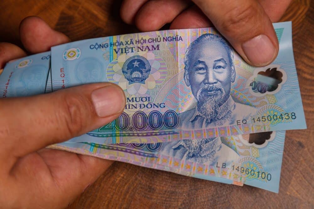 Male hand holds a fan of  Vietnames Dong banknote, the currency of Vietnam.  Close up Polymer Money of Vietnam. 20000 Dong or VND in male hand. In front a portrait of Ho Chi Minh. Plastic banknotes
