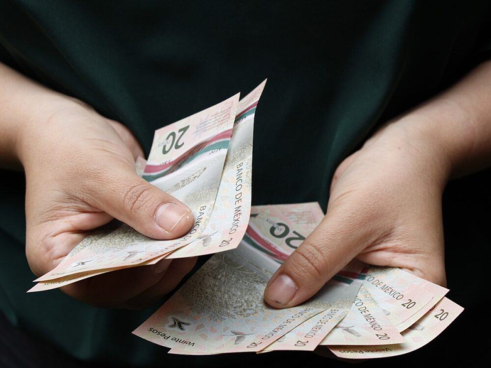 hands of a woman holding and counting mexican banknotes of twenty pesos