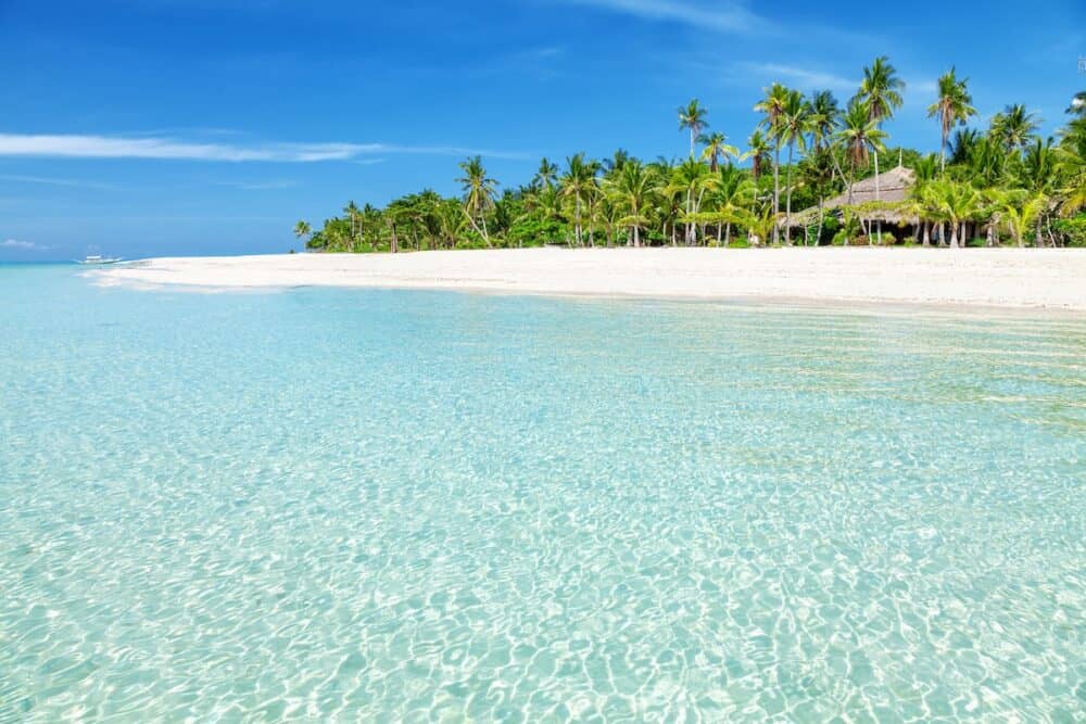Fantastic turquoise beach with palm trees and white sand in the Philippines