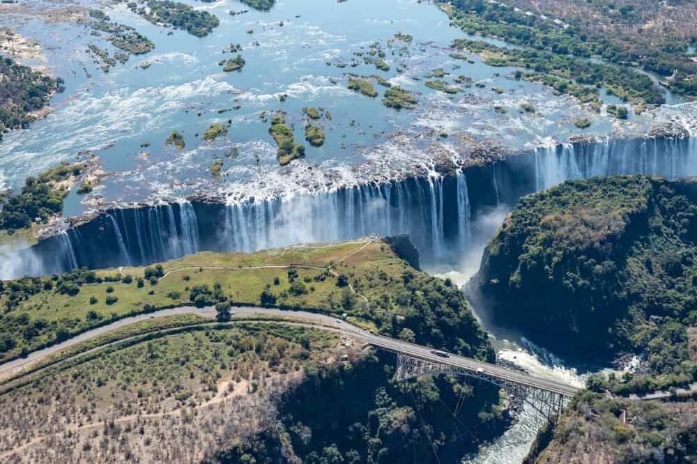 Aerial shot of the Victoria Falls on the Zimbabwe Zambia Border.