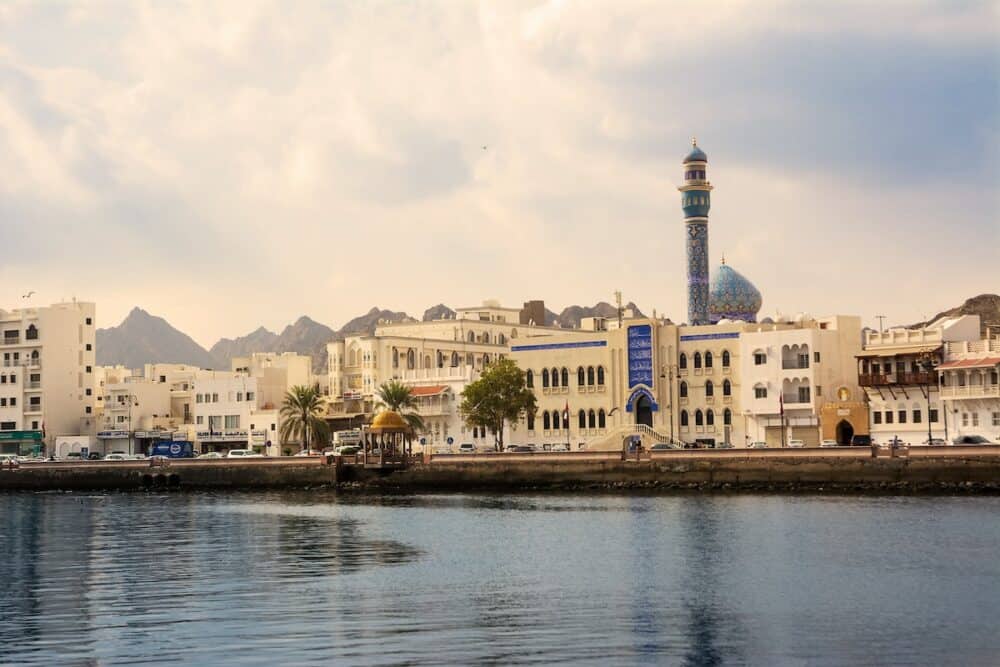 Muscat, Oman - Masjid al-Rasool Mosque on the seafront of the Corniche of Mutrah in Muscat (Oman) at sunset with nobody