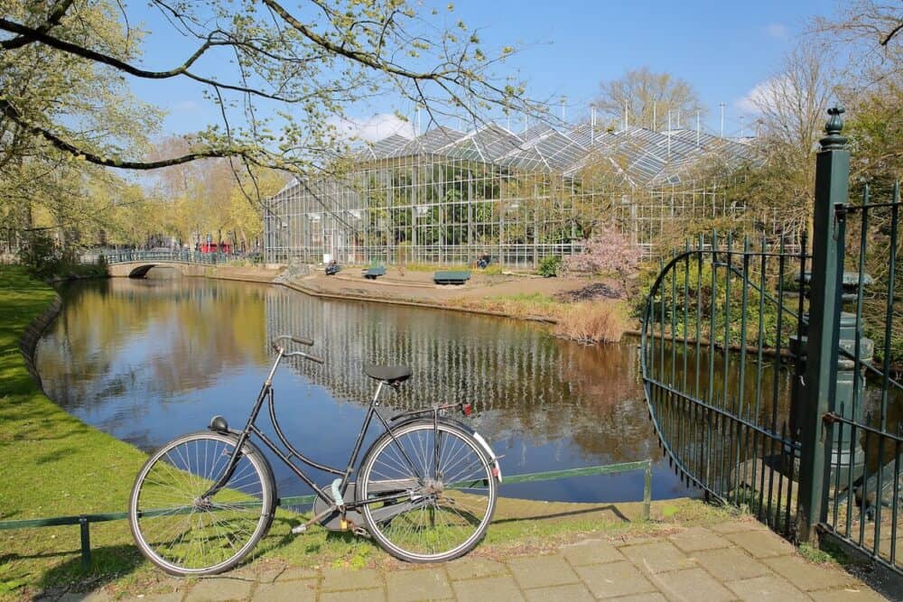 Reflections of the glasshouses of the Botanical garden (Hortus Botanicus), Plantage, Amsterdam, Netherlands