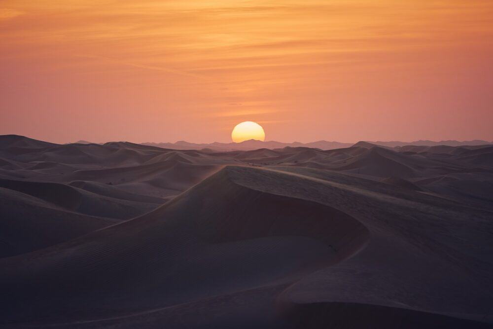 Sand dunes in desert landscape at beautiful Sunrise. Abu Dhabi, United Arab Emirates