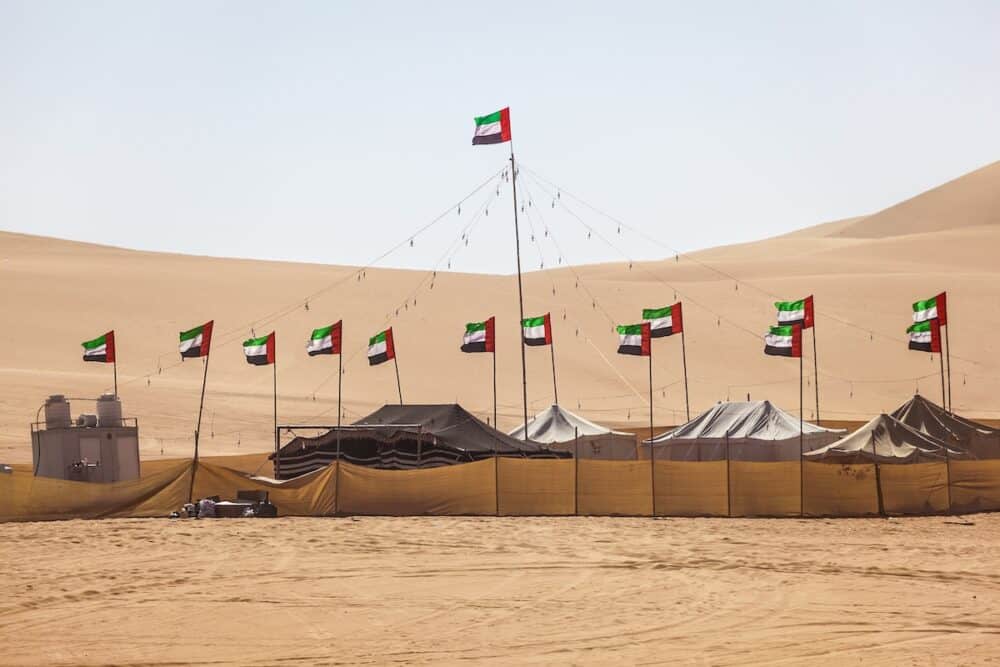 Desert camp at the Moreeb Dune in Liwa Oasis area. Emirate of Abu Dhabi United Arab Emirates Middle East