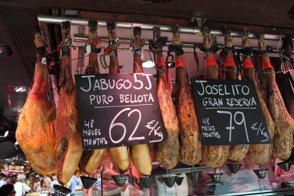 Jamon market in Madrid, Spain. Jamon (Spanish word for ham) traditional meat in spanish cuisine.