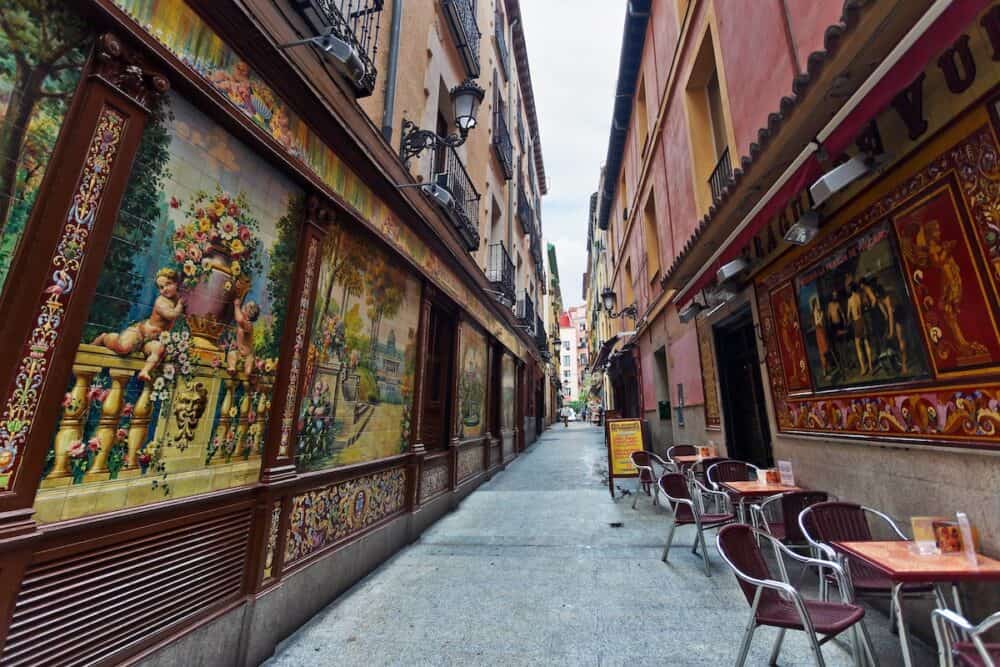 MADRID, SPAIN - :Traditional small cafe with outdoor seating on one of the main streets of Madrid