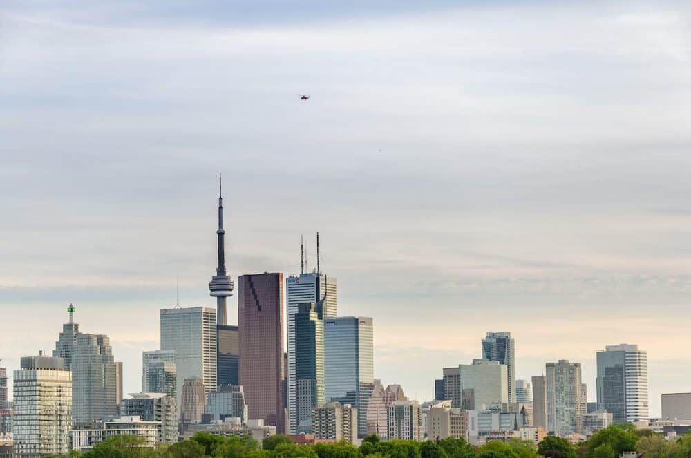 Toronto Canada -  Skyline of downtown Toronto Canada with Cn Tower in the spring from Riverdale Park East