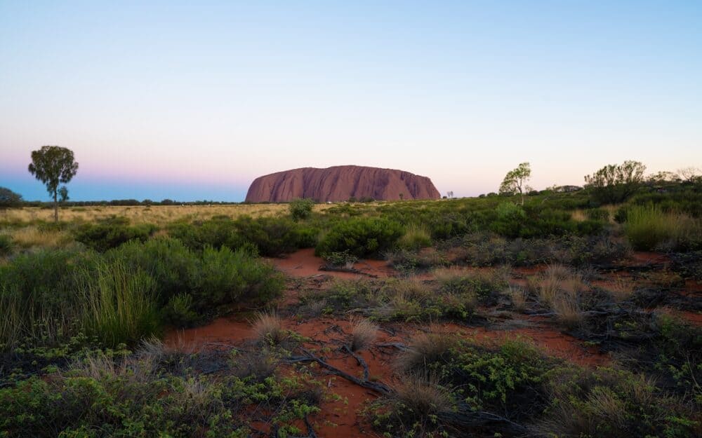 Panorama of Uluru at sunset with beautiful colors on summer day in NT outback Australia
