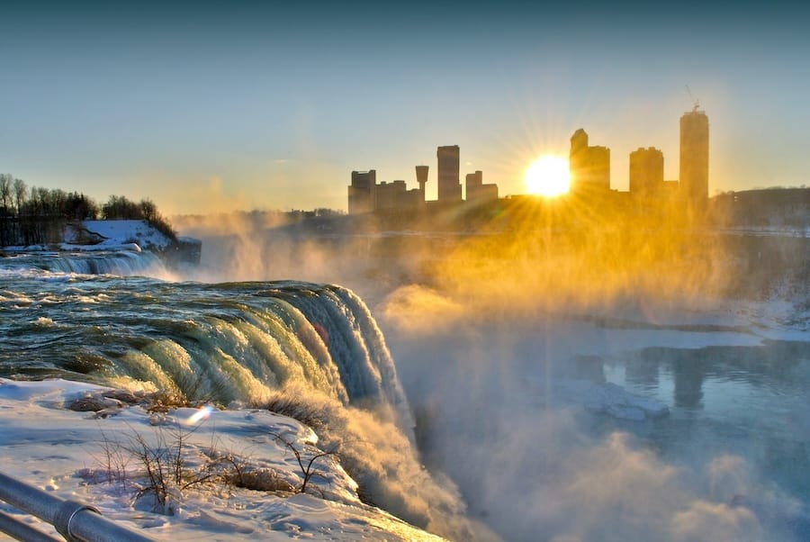 Sunset at Niagara Falls in winter time, Niagara Falls cityscape