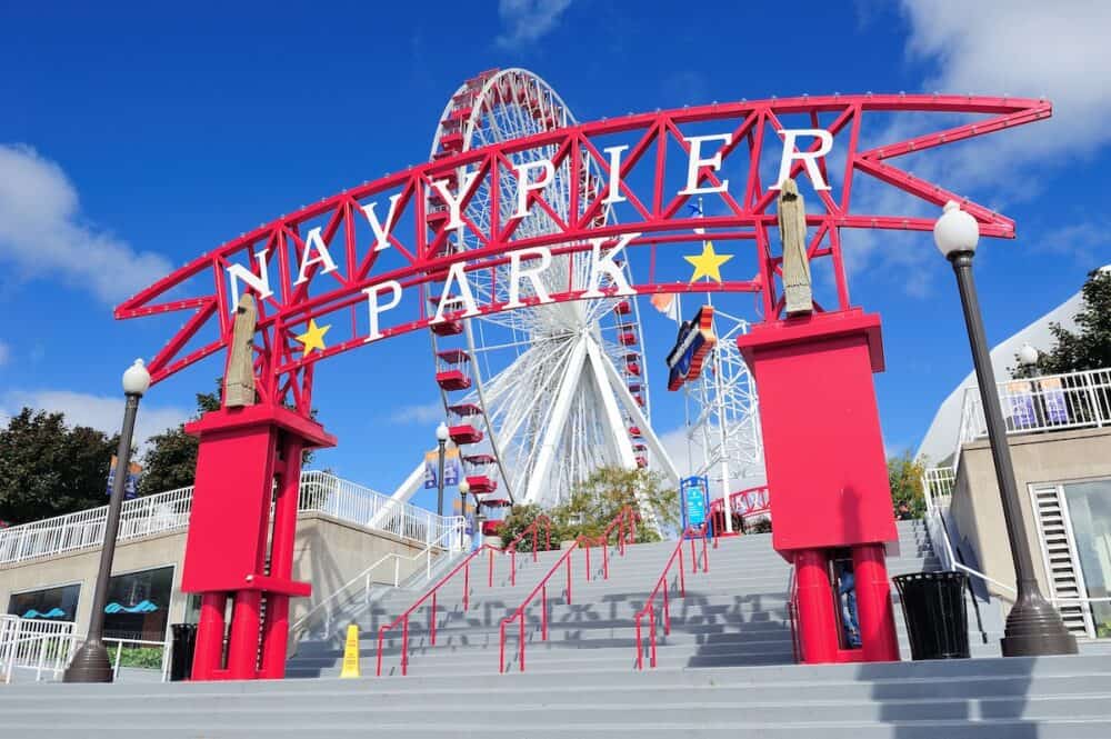 Navy Pier and skyline in Chicago, Illinois. It was built in 1916 as 3300 foot pier for tour and excursion boats and is Chicago's number one tourist attraction.