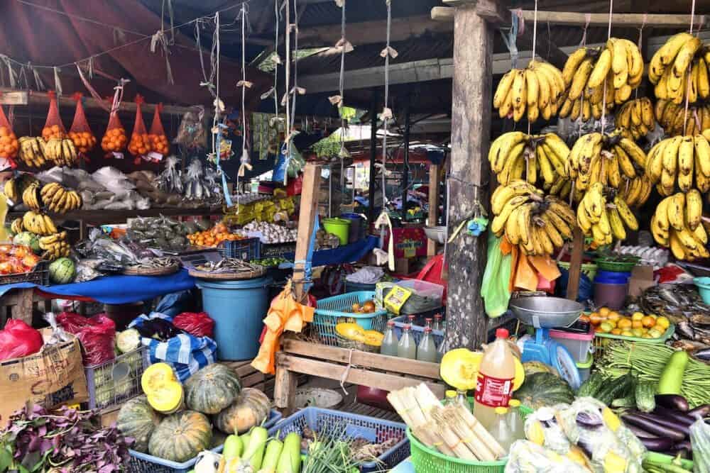 Fruit and vegetables at a local food market place in El Nido, Philippines. Traditional food markets are still important in developing towns of Philippines.