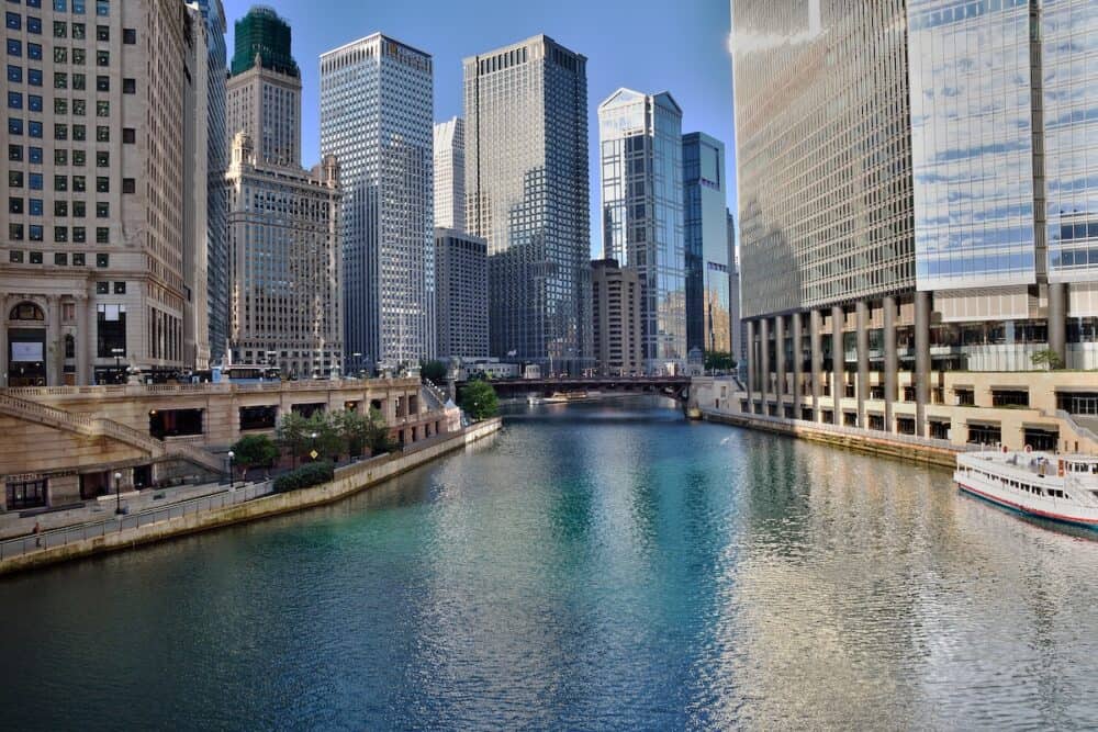 Magnificent view down the Chicago River which is a system of rivers and canals with a combined length of 156 miles that flows through Chicago including the famous Chicago Loop.