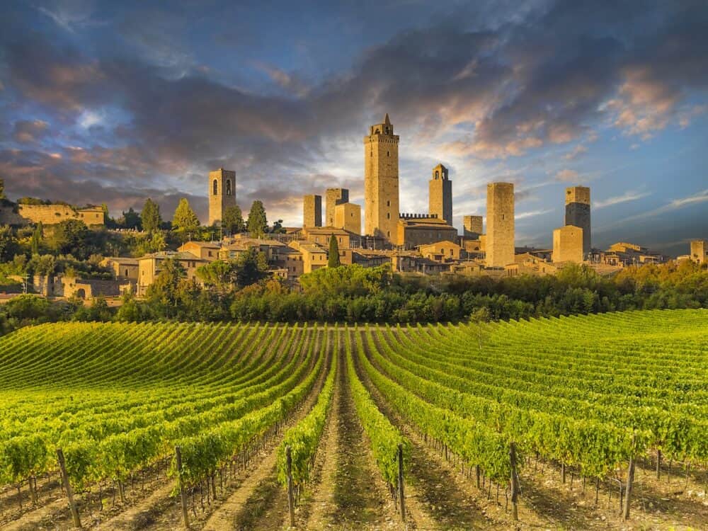 Vineyard covered hills of Tuscany,Italy, with San Gimignano in the background