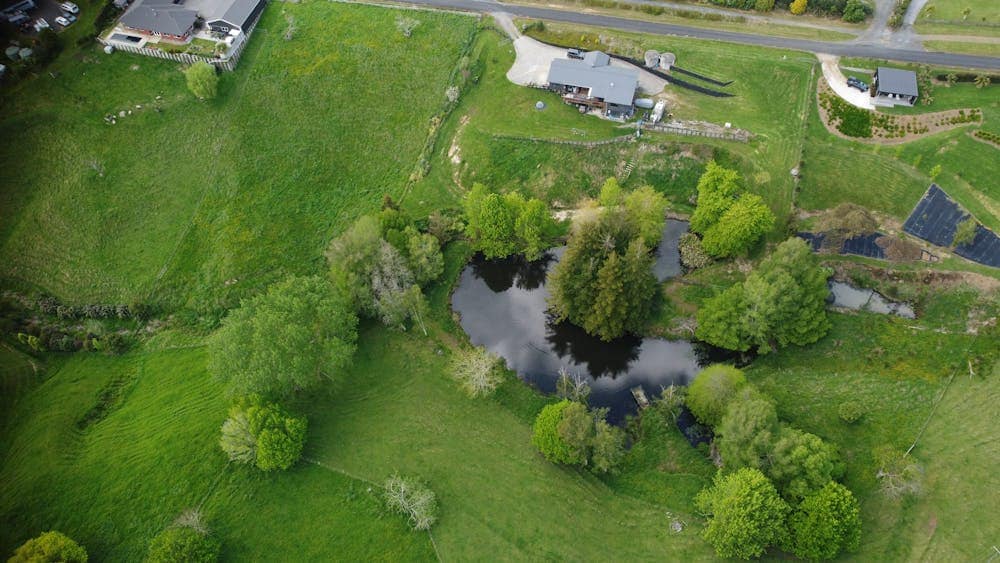 Aerial view showcasing the lush green rural landscape and pond in Hamilton, New Zealand.