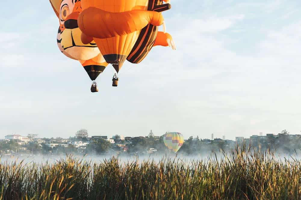 Colorful hot air balloons soar over Hamilton, New Zealand, creating a vibrant summer scene.