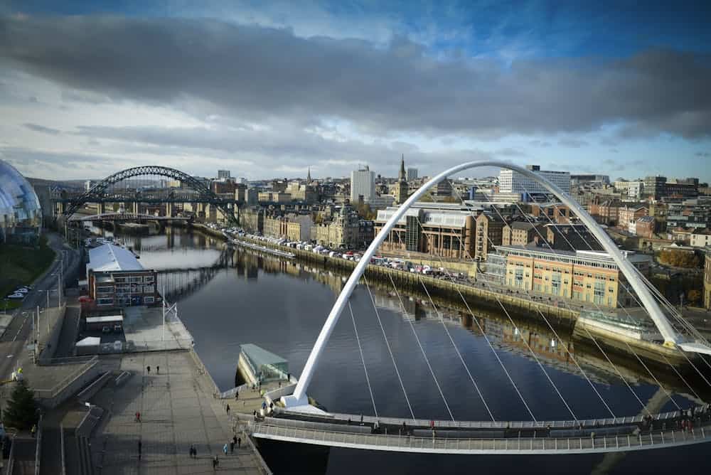 Stunning aerial view of bridges over the River Tyne in Newcastle, capturing urban architecture and vibrant skyline.